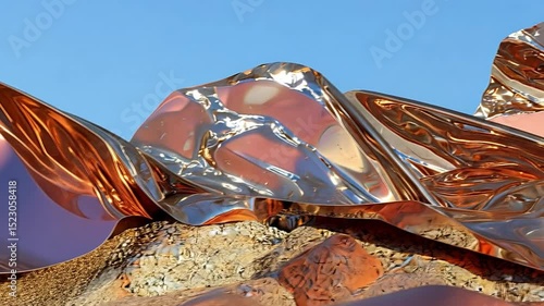 Shiny Metallic Surface with Dynamic Curves and Reflective Patterns in Natural Setting