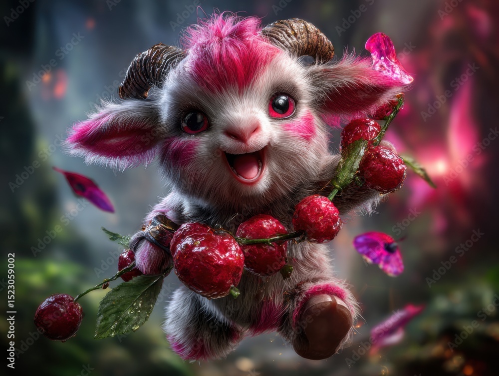 Playful fantasy creature holding berries in enchanted forest colorful illustration whimsical environment close-up view Playful fantasy creature holding berries in enchanted forest colorful illustration whimsical environment close-up view