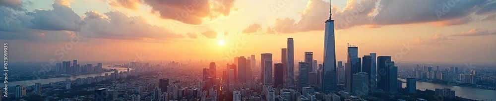 Fototapeta premium Sleek modern glass skyscrapers dominate the city skyline, reflecting sunlight in a vibrant urban landscape Ideal for corporate, real estate, and architectural projects , commercial, towers