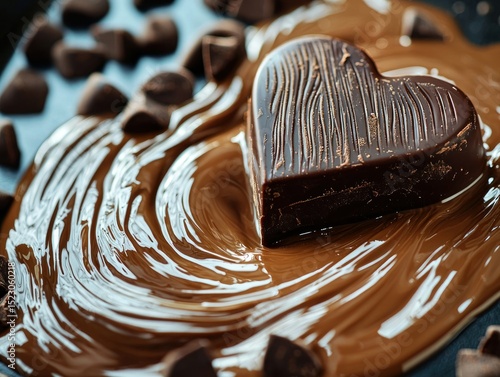 Heart-shaped dark chocolate nestled in melted chocolate