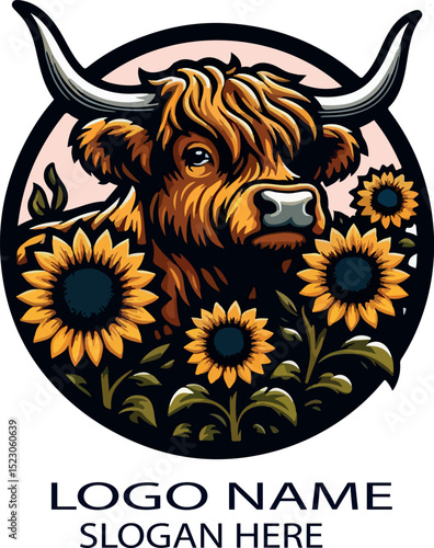 Highland Cow With Sunflowers Logo icon vector .