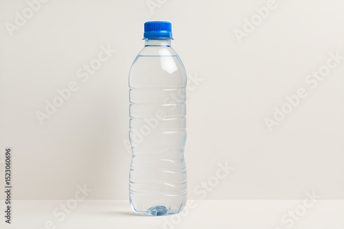A full clear plastic water bottle with blue cap standing upright on a light textured surface. Simple hydration concept