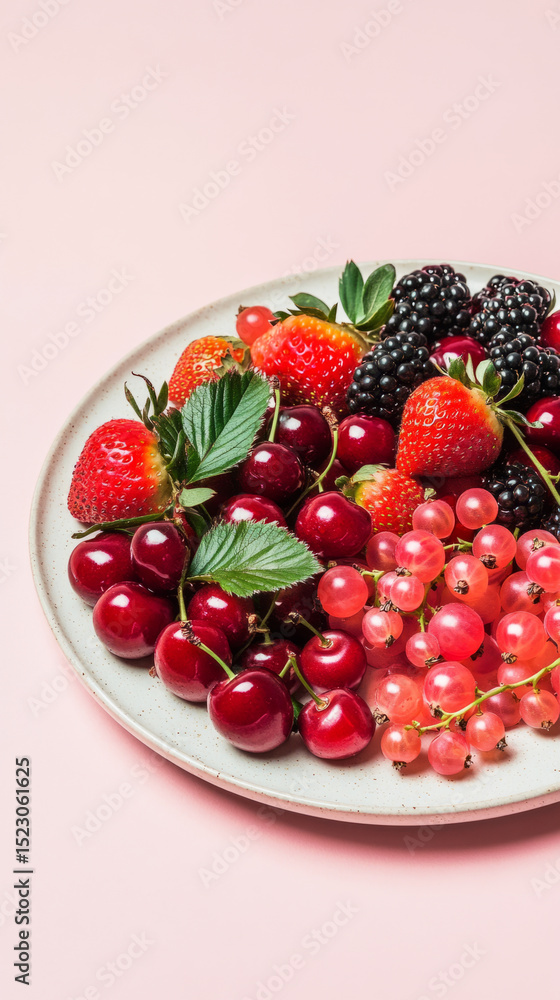 A colorful selection of fresh cherries, strawberries, blackberries, and red currants arranged beautifully on a round plate against a soft pink background A colorful selection of fresh cherries, strawberries, blackberries, and red currants arranged beautifully on a round plate against a soft pink background