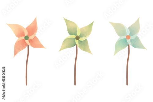 Beautiful colorful pinwheel kid toy watercolor illustration style collection set. Vector paper windmill icon cartoon isolated. 
