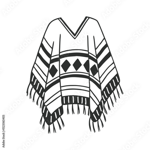 Hand drawn monochrome poncho with fringe and ethnic patterns. National symbol of Mexico. Line art style illustration.
