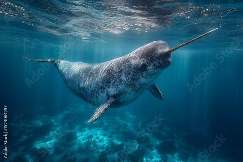 A realistic underwater view of a narwhal gliding through the Arctic sea. 