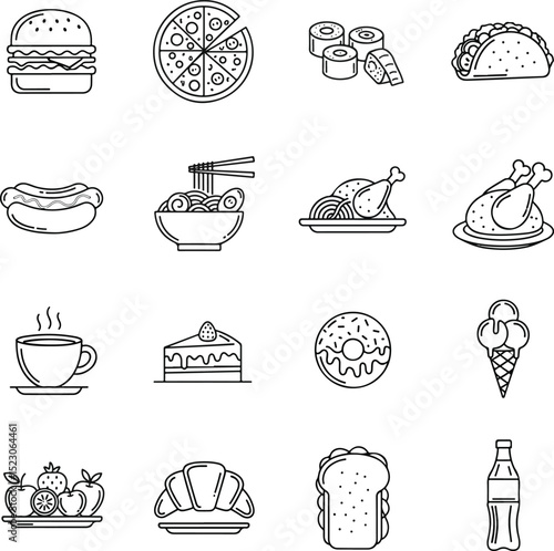 A diverse set of food icons perfect for menus, restaurants, and culinary themes.
