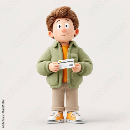 Young Boy Holding Card with a Cheerful Expression in Casual Outfit