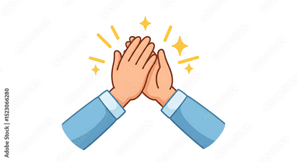 Two hands in blue sleeves highfiving with golden stars isolated on white background Two hands in blue sleeves highfiving with golden stars isolated on white background