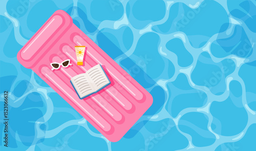 Summer pool relaxation scene. Inflatable pink mattress with book, sunglasses and SPF lotion. Flat vector illustration for banners, flyers, cards and social media.