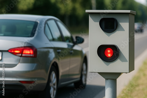 Silver sedan captured by a roadside speed camera flash in daylight. Traffic control and road surveillance concept.