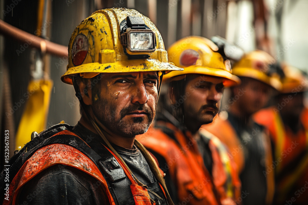 Obraz premium Intense construction workers in hard hats display determination and focus amidst rainy backdrop. Their expressions reflect challenges of their demanding job, showcasing resilience and teamwork
