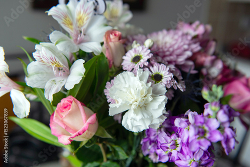 Wallpaper Mural Fresh colorful bouquet with pink chrysanthemum, roses and white lilies close-up Torontodigital.ca