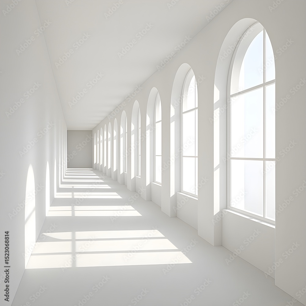 Obraz premium Bright white corridor with arch windows and sunlight