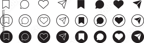 Set of generic social media user interface icons. Like, comment, share and save icons. Social media flat icons. Vector, flat outline icon isolated on white, 10 eps.