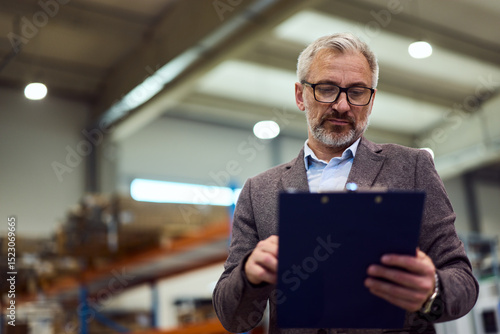 Quadro su tela Senior Businessman Evaluating Documents in Modern Industrial Warehouse Setting