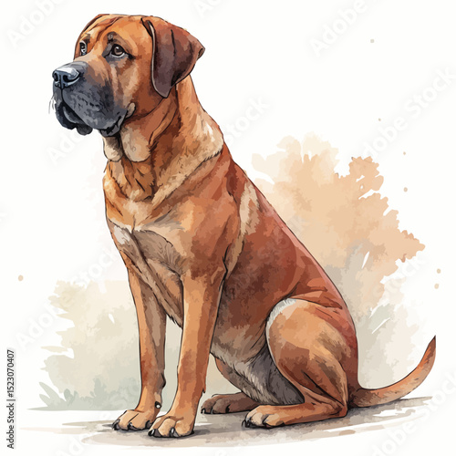  Reddish-brown Tosa Inu dog alertly sitting attentively against a soft wash background with copy space.