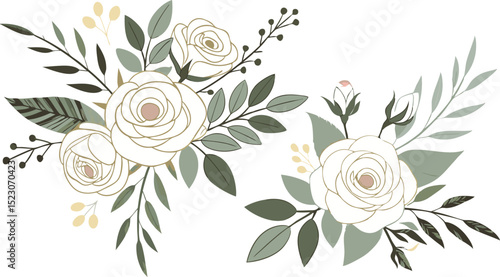Set of floral branch. Flower pink rose, green leaves. Wedding concept with flowers. Floral poster, invite. Vector arrangements for greeting card.
