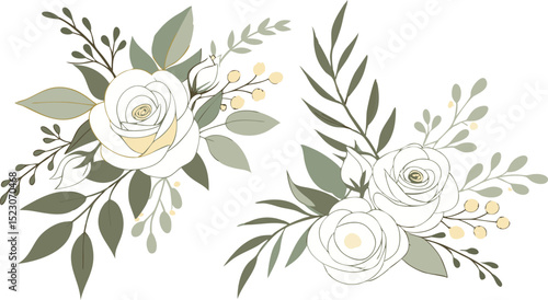Set of floral branch. Flower pink rose, green leaves. Wedding concept with flowers. Floral poster, invite. Vector arrangements for greeting card.