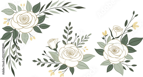 Set of floral branch. Flower pink rose, green leaves. Wedding concept with flowers. Floral poster, invite. Vector arrangements for greeting card.