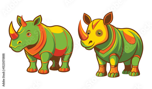 Photo of two vibrant stylized rhino illustrations, one green and one yellow, isolated on white background