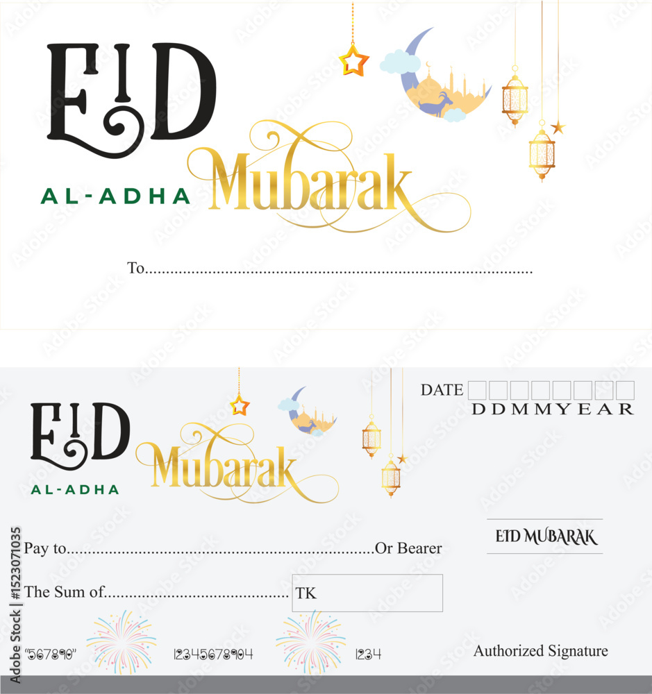 Naklejka premium Eid al Adha Chek card Wedding Invitation Card Template with Floral Design and Decorative Elements ঈদ উল আযহা চেক কার্ড খাম ডিজাইন