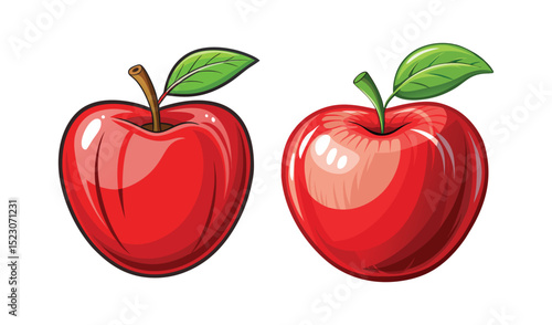 Photo of two glossy red apples, each with a vibrant green leaf, isolated on white background