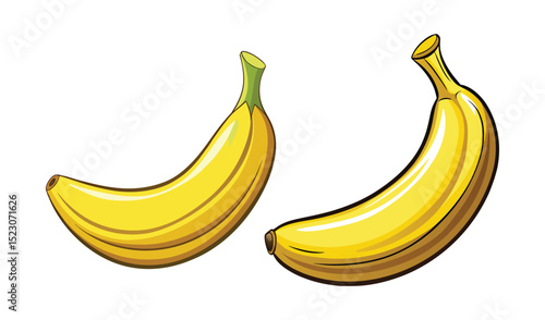 Photo of two vibrant yellow bananas, isolated on white background, curve gracefully in opposite directions