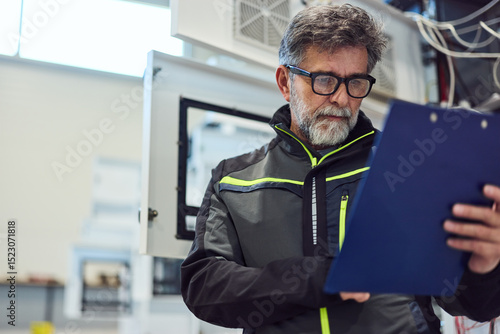 Engineer Reviewing Technical Document in Industrial Work Environment