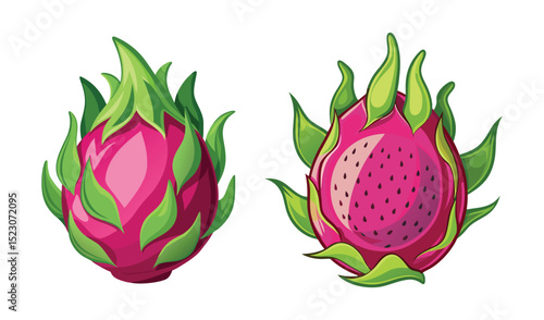 Photo of vibrant pink dragon fruits, whole and halved, isolated on white background