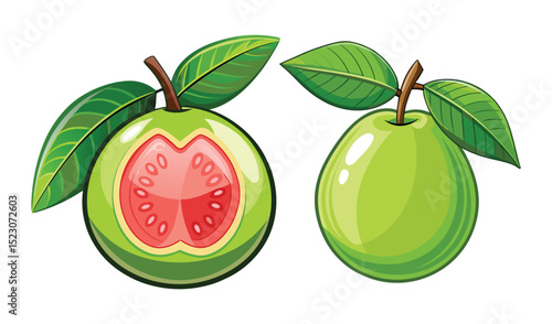 Photo of a vibrant illustration of a guava, sliced to reveal its juicy red interior, alongside a whole guava, isolated on white background