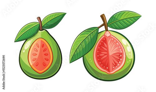 Photo of juicy guava halves, vibrant red flesh contrasting with green skin and leaves, isolated on white background