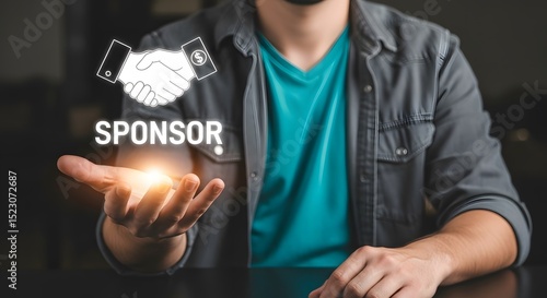 Man presenting a digital sponsor agreement handshake business deal partnership funding