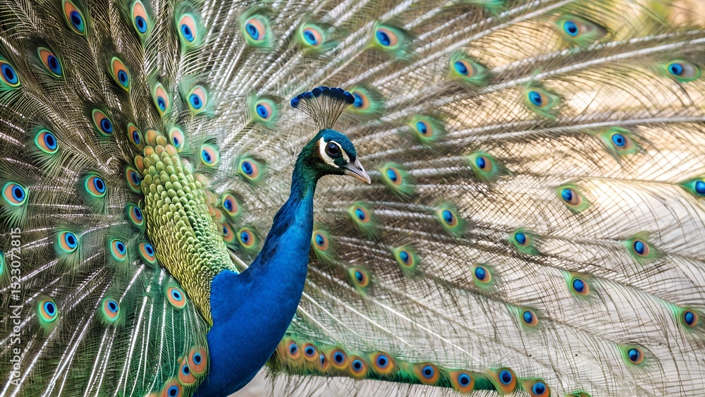 Fototapeta premium Proud Peacock Displaying Iridescent Tail Feathers