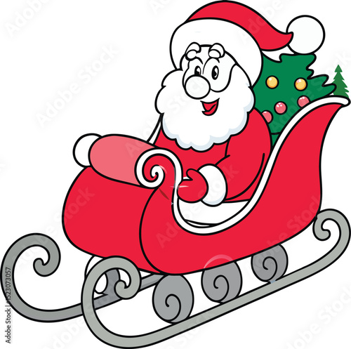 Cartoon Santa Claus riding in a red sleigh with a Christmas tree