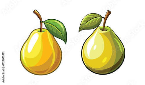Photo of two ripe, juicy pears, one golden yellow and one chartreuse, isolated on white background