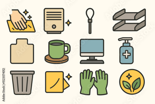 Household cleaning and office supplies icons set with gloves and recycling symbols