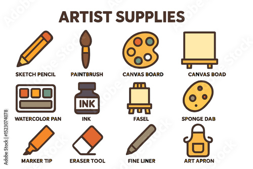 Illustrated artist supplies collection featuring various art tools