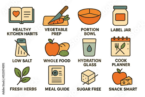 Illustrated guide to healthy kitchen habits and meal planning essentials