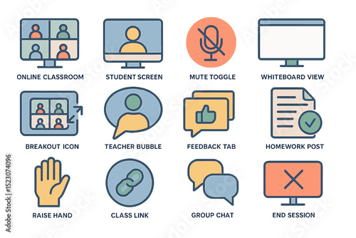 Online classroom interface icons for virtual learning and communication