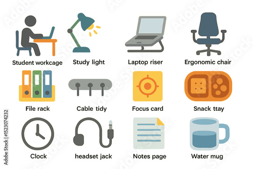 Office essentials: student workspace setup with ergonomic chair and technology tools