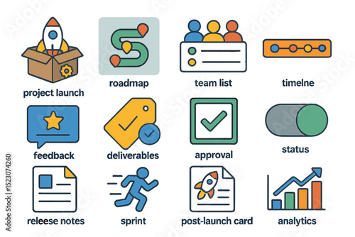 Colorful business icons for project management and analytics overview