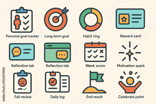 Icons for goal tracking and motivation featuring habit rings and reward cards