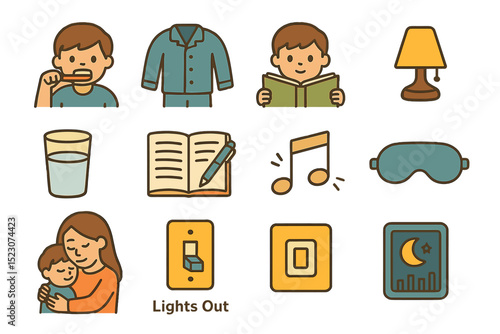 Bedtime routine: child brushing, reading, and preparing for sleep with parent