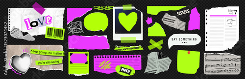 Bright grunge design elements featuring torn notebook paper, ripped music sheets, vintage textures, retro stickers, barcodes, and a photo frame. Vector Y2K collage template for scrapbooking and design