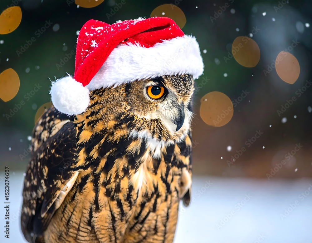 Owl wearing Santa hat in snowy scene Owl wearing Santa hat in snowy scene