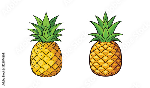 Photo of two vibrant pineapples, isolated on white background, showcase their golden hues and spiky green crowns
