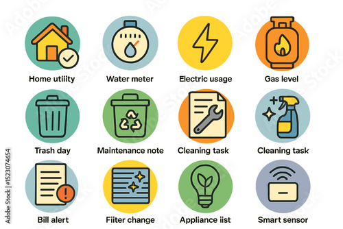 Utility and maintenance icons: home, water, electric, gas, trash, cleaning, alerts