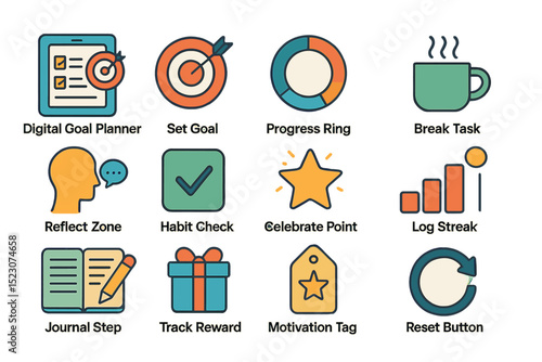 Digital goal planner icons for task management and motivation