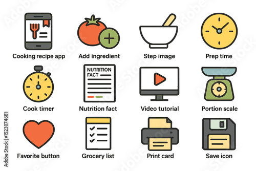 Cooking app icons: recipe, ingredients, nutrition, video, printing, scale